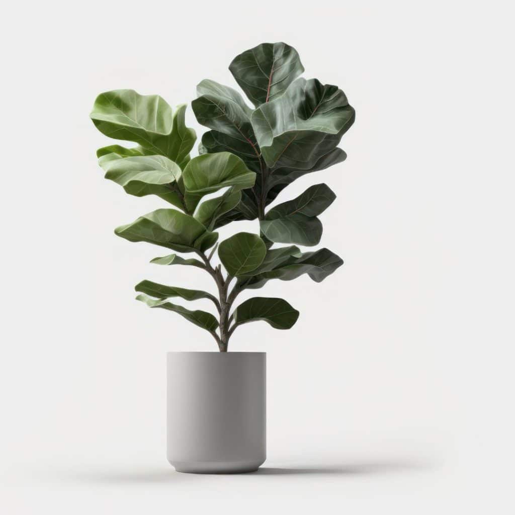A fiddle leaf fig plant in a white pot sitting on a table.